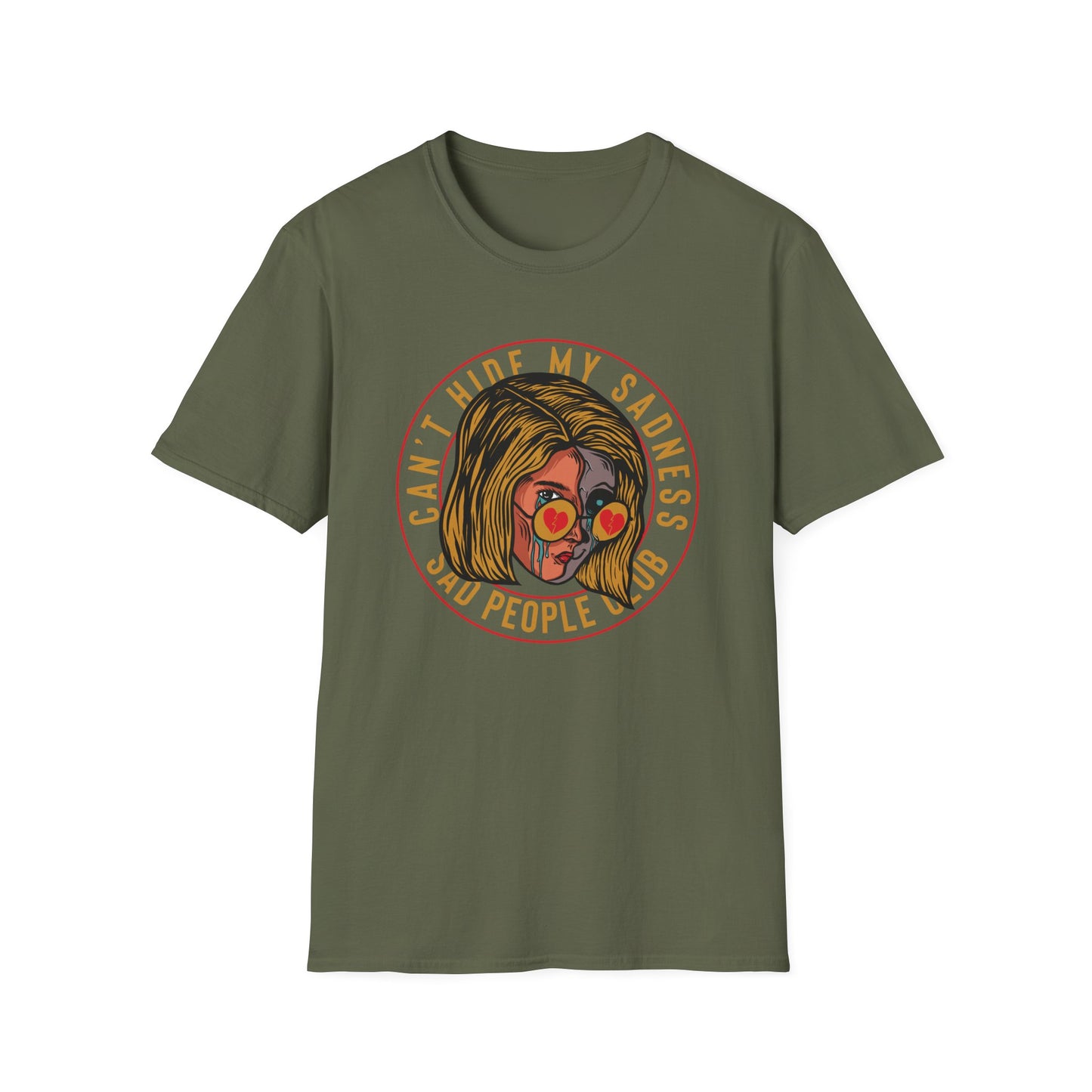 Unique 'Can't Hide My Sadness' T-Shirt - Sad People Club Emo Pop Art Tee with Crying Girl & Broken Heart Shades