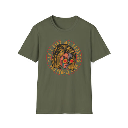 Unique 'Can't Hide My Sadness' T-Shirt - Sad People Club Emo Pop Art Tee with Crying Girl & Broken Heart Shades