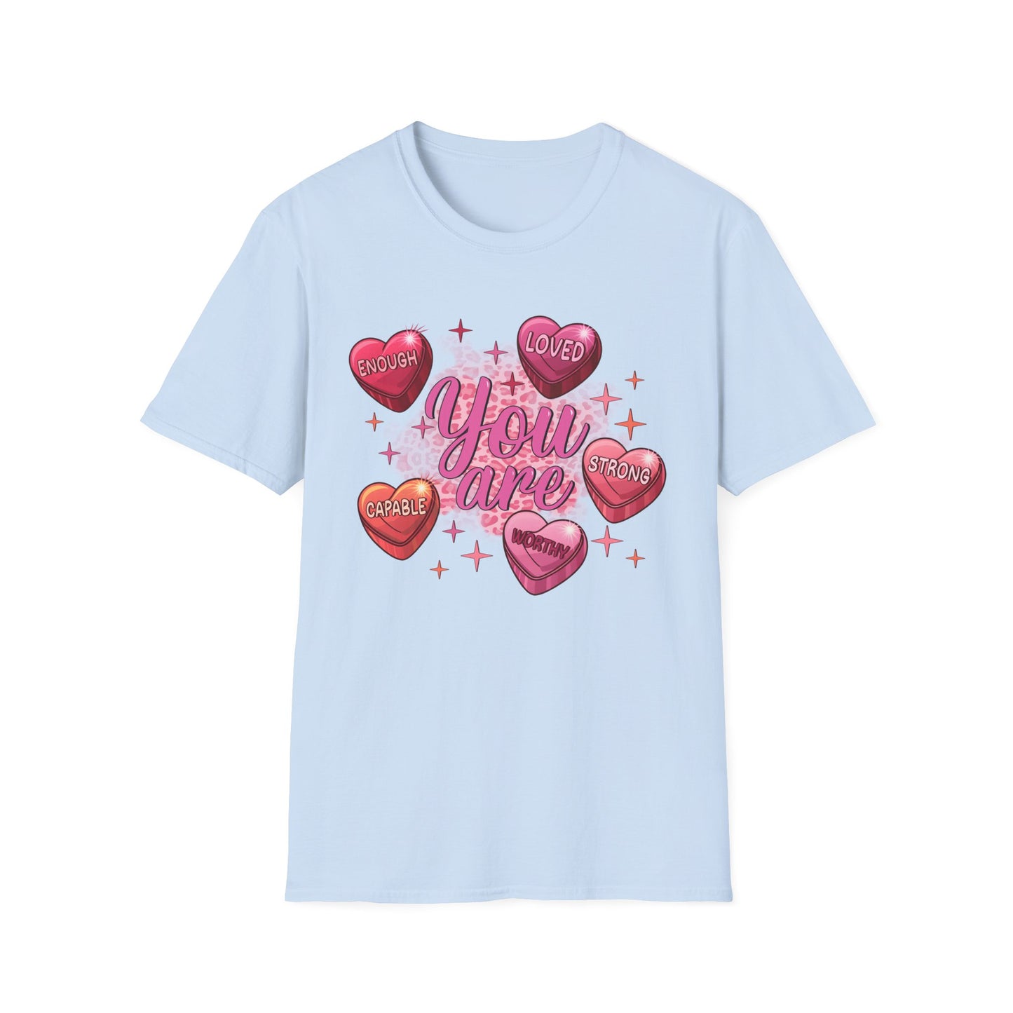 Vibrant 'You Are' Empowering T-Shirt | Self-Love Conversation Hearts & Leopard Print Tee for Women & Girls | Positive Affirmation Gift