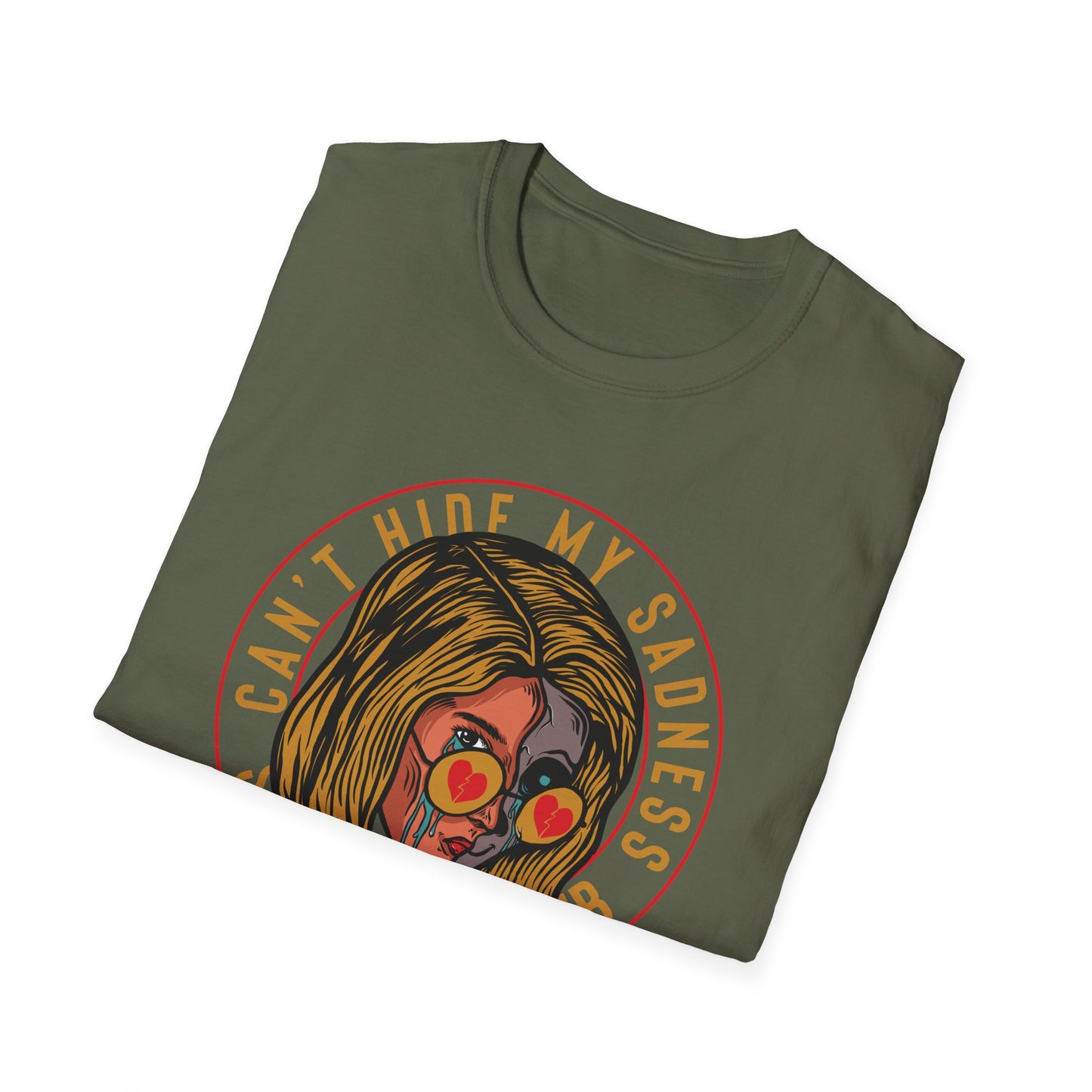 Unique 'Can't Hide My Sadness' T-Shirt - Sad People Club Emo Pop Art Tee with Crying Girl & Broken Heart Shades