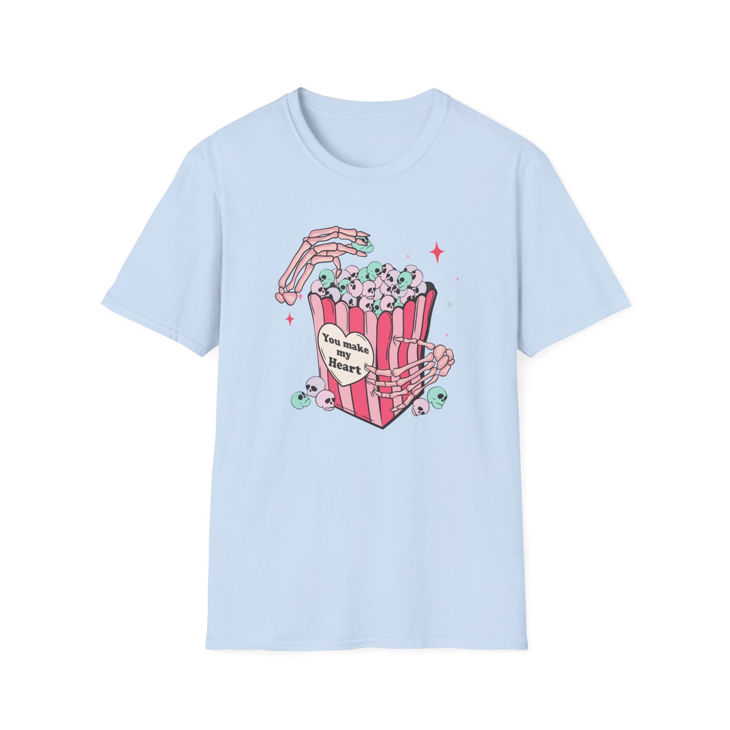 Spooky-Cute 'You Make My Heart' Skull Popcorn T-Shirt - Pastel Goth Love Tee Gift