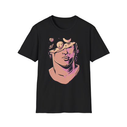 Explore Your Mind's Universe: Celestial Greek Bust T-Shirt | Artistic Cosmic Thoughts Graphic Tee | Unique Planet & Moon Design for Thinkers