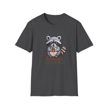 Hilarious "Snacks Are Essential" Raccoon T-Shirt | Adorable Animal Lover Tee | Ultimate Comfort & Style