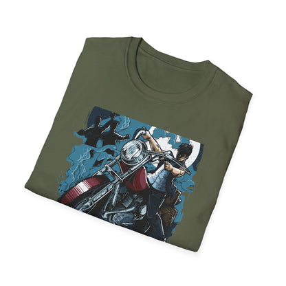 Epic Zombie Apocalypse Hunter T-Shirt - Fearless Biker Survival Horror Tee for Gamers & Fans - Thrilling Crossbow Rider Design