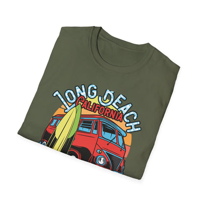Vintage Long Beach California Surfing Paradise T-Shirt | Retro VW Bus & Surfboard Beach Lover Tee | Cool Summer Vacation Gift