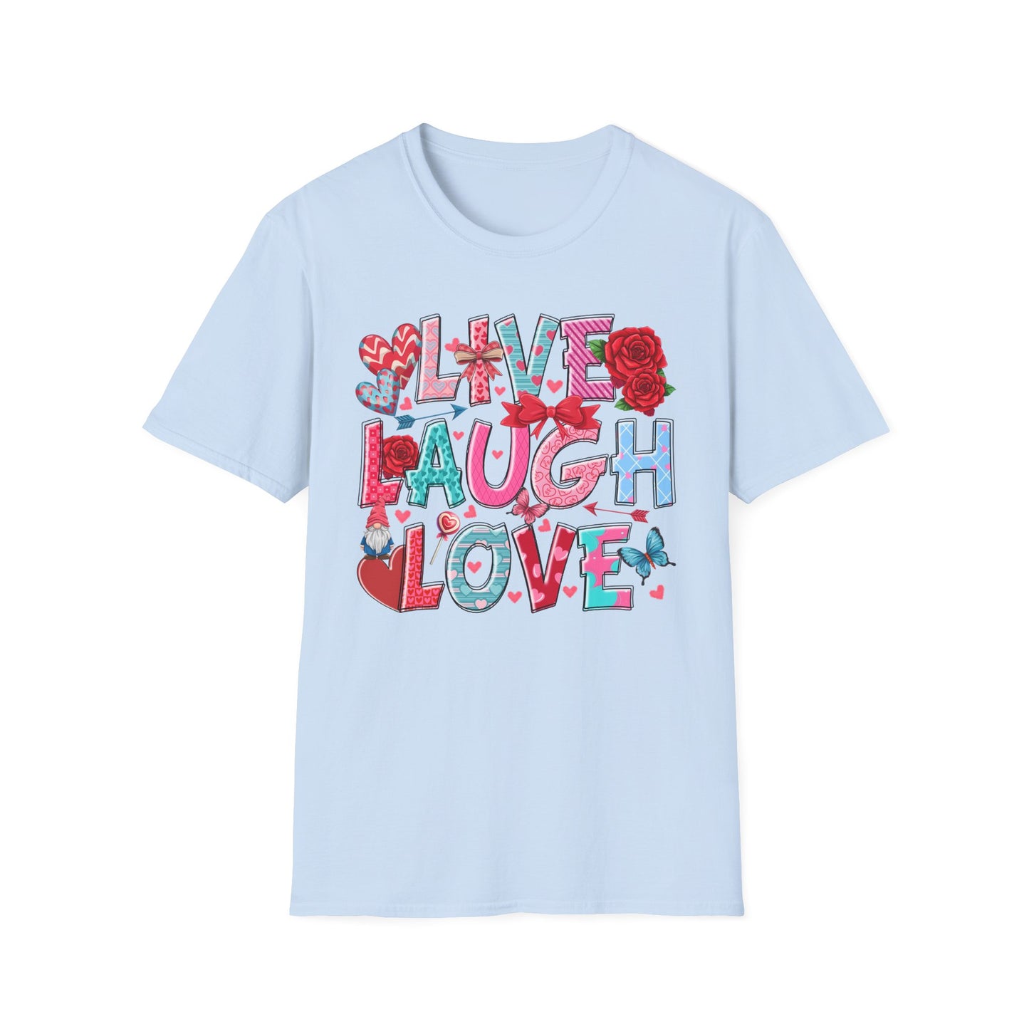 Charming Live Laugh Love T-Shirt for Women | Adorable Valentine's Day Hearts & Gnome Graphic Tee | Positive Message Gift