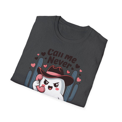 Sassy "Call Me Never" Ghost T-Shirt | Funny Anti-Valentine's Cowboy Ghost Tee | Trendy Western Desert Spooky Cute Apparel