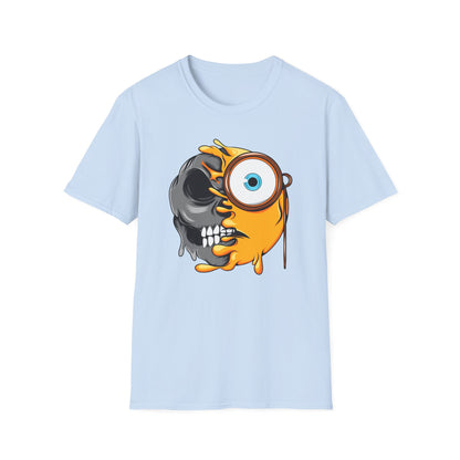 Edgy Half Skull Half Emoji T-Shirt | Unique Melting Monocle Face Tee | Awesome Duality Art for Bold Style