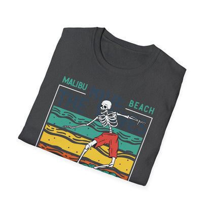 Epic Malibu Skeleton Surfer T-Shirt - Ride The Waves California Beach Retro Tee | Unique Vintage Style Surf Graphic