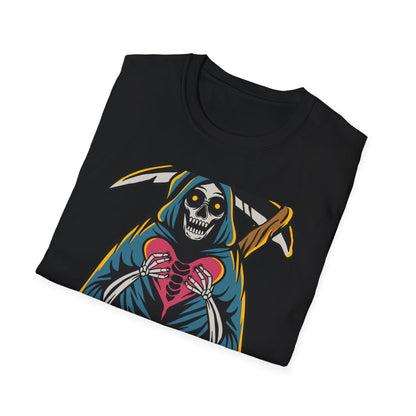 Bold Grim Reaper Heart T-Shirt | Unique Gothic Skeleton Love Tee | Edgy Macabre Statement Apparel