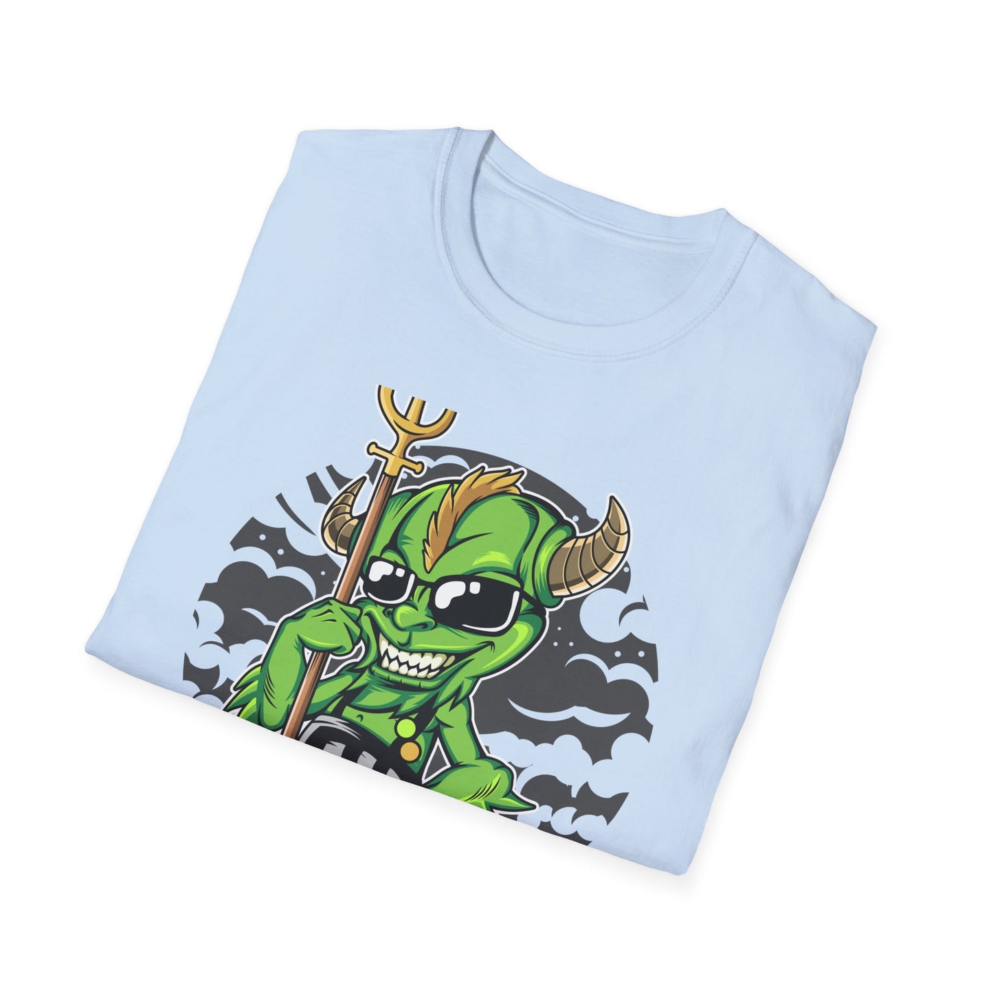 Wicked Mischievous Green Imp T-Shirt | Cool Cartoon Devil with Trident & Checkered Pants | Edgy Graphic Tee