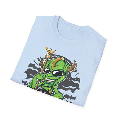 Wicked Mischievous Green Imp T-Shirt | Cool Cartoon Devil with Trident & Checkered Pants | Edgy Graphic Tee
