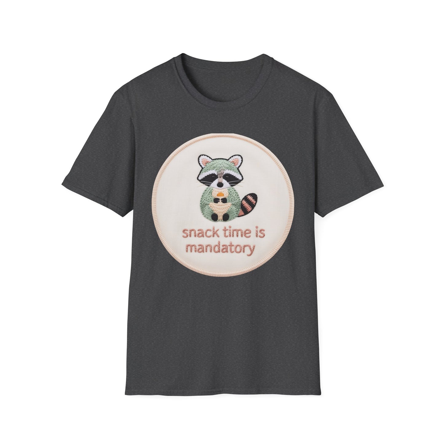 Charming Embroidered Raccoon T-Shirt - "Snack Time Is Mandatory" Cute Animal Lover & Foodie Tee