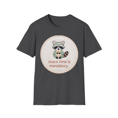Charming Embroidered Raccoon T-Shirt - "Snack Time Is Mandatory" Cute Animal Lover & Foodie Tee
