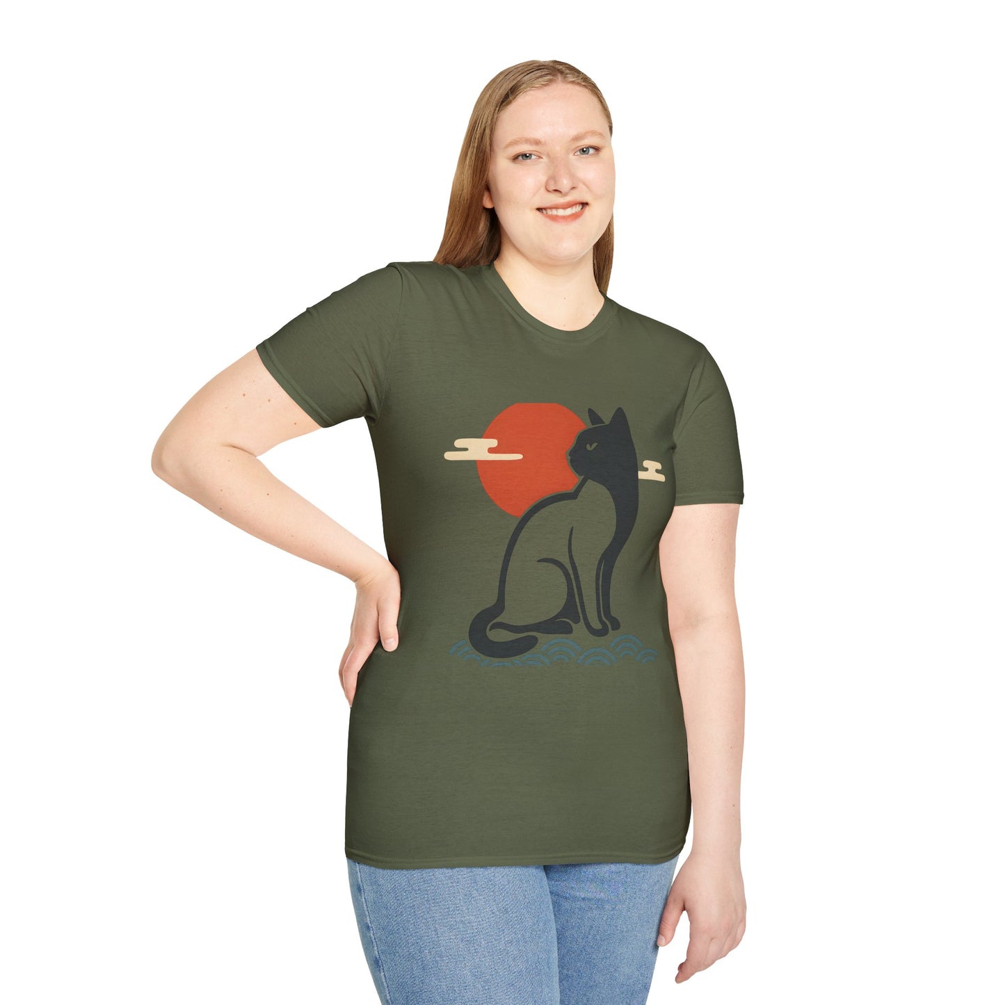 Japanese Cat Silhouette Red Sun Graphic T-Shirt