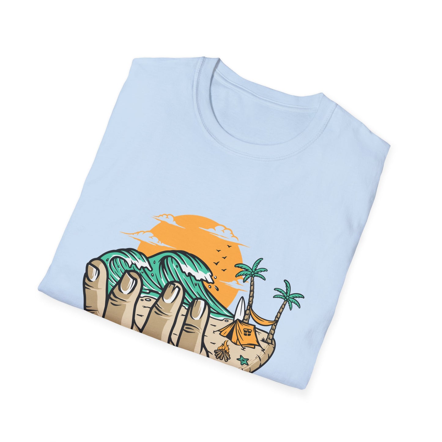 Epic Beach Life Hand T-Shirt | Surf, Camp & Travel Adventure Tee | Vibrant Tropical Sunset Vacation Top