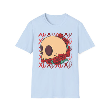 Charming XOXO Skull & Roses T-Shirt | Sweet Gothic Love Tee | Unique Edgy Romantic Print-on-Demand Apparel Gift