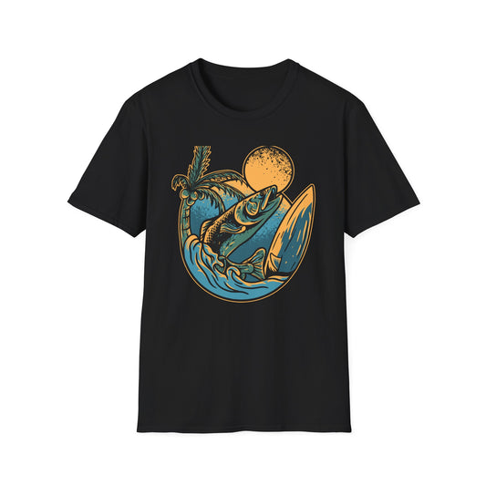 Epic Fish Jump Surf & Palm Tree T-Shirt | Vintage Ocean Lover Angler Tee | Coastal Adventure Apparel Gift