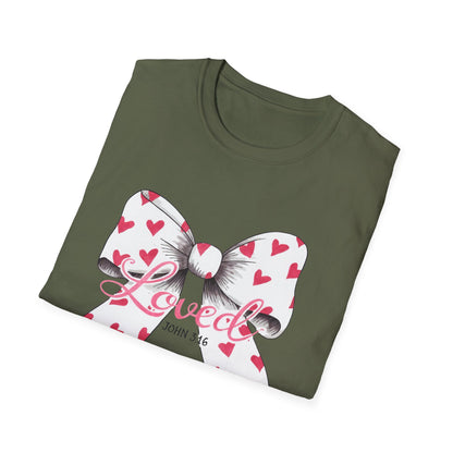 Inspiring 'Loved' John 3:16 T-Shirt | Christian Faith Tee with Hearts Bow | Beautiful Spiritual Gift for Women