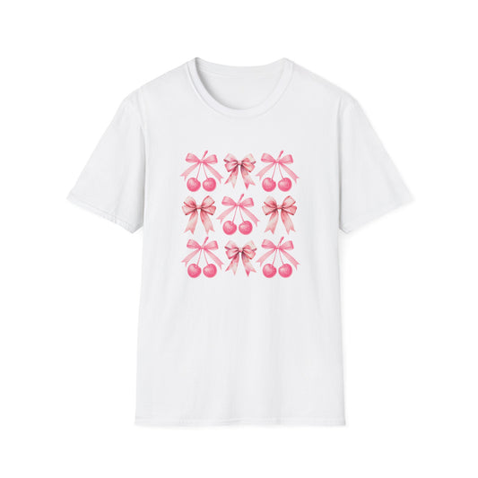 Chic Pink Bow & Cherry Heart T-Shirt | Adorable Coquette Aesthetic Tee | Sweet Girly Fashion Top for Women & Teens