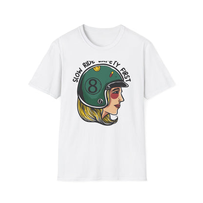 Vibrant Biker Girl Helmet T-Shirt | "Slow Ride Safety First" Retro Motorcycle Rider Tee for Women