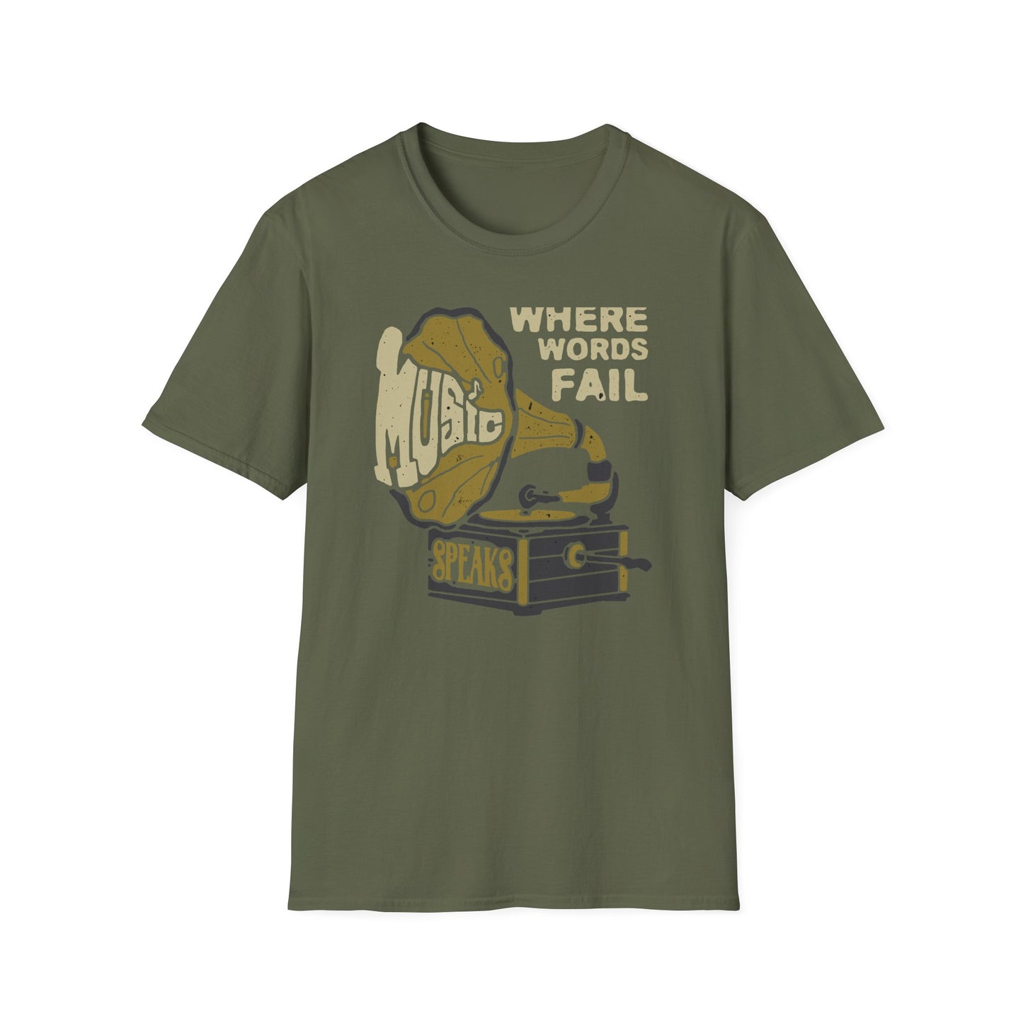 Expressive 'Where Words Fail Music Speaks' T-Shirt - Vintage Gramophone Design for Soulful Music Lovers