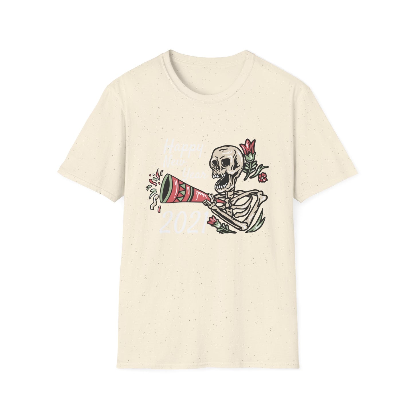 Vibrant Party Skeleton T-Shirt - Fun Quirky Floral Horn Blasting Graphic Tee