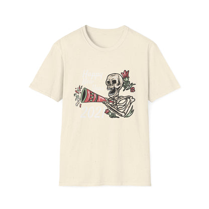 Vibrant Party Skeleton T-Shirt - Fun Quirky Floral Horn Blasting Graphic Tee