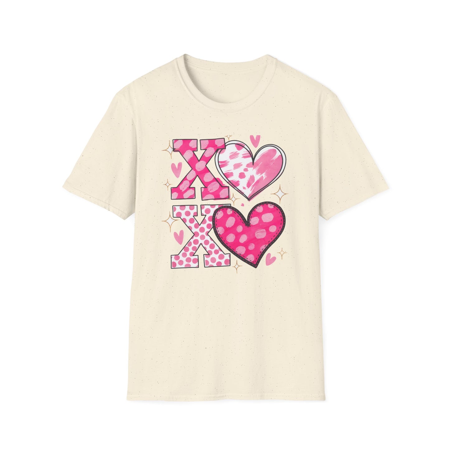 Sparkling XOXO Love Hearts T-Shirt | Chic Pink Polka Dot & Brushstroke Tee | Perfect Valentine's Day & Everyday Wear