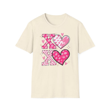 Sparkling XOXO Love Hearts T-Shirt | Chic Pink Polka Dot & Brushstroke Tee | Perfect Valentine's Day & Everyday Wear