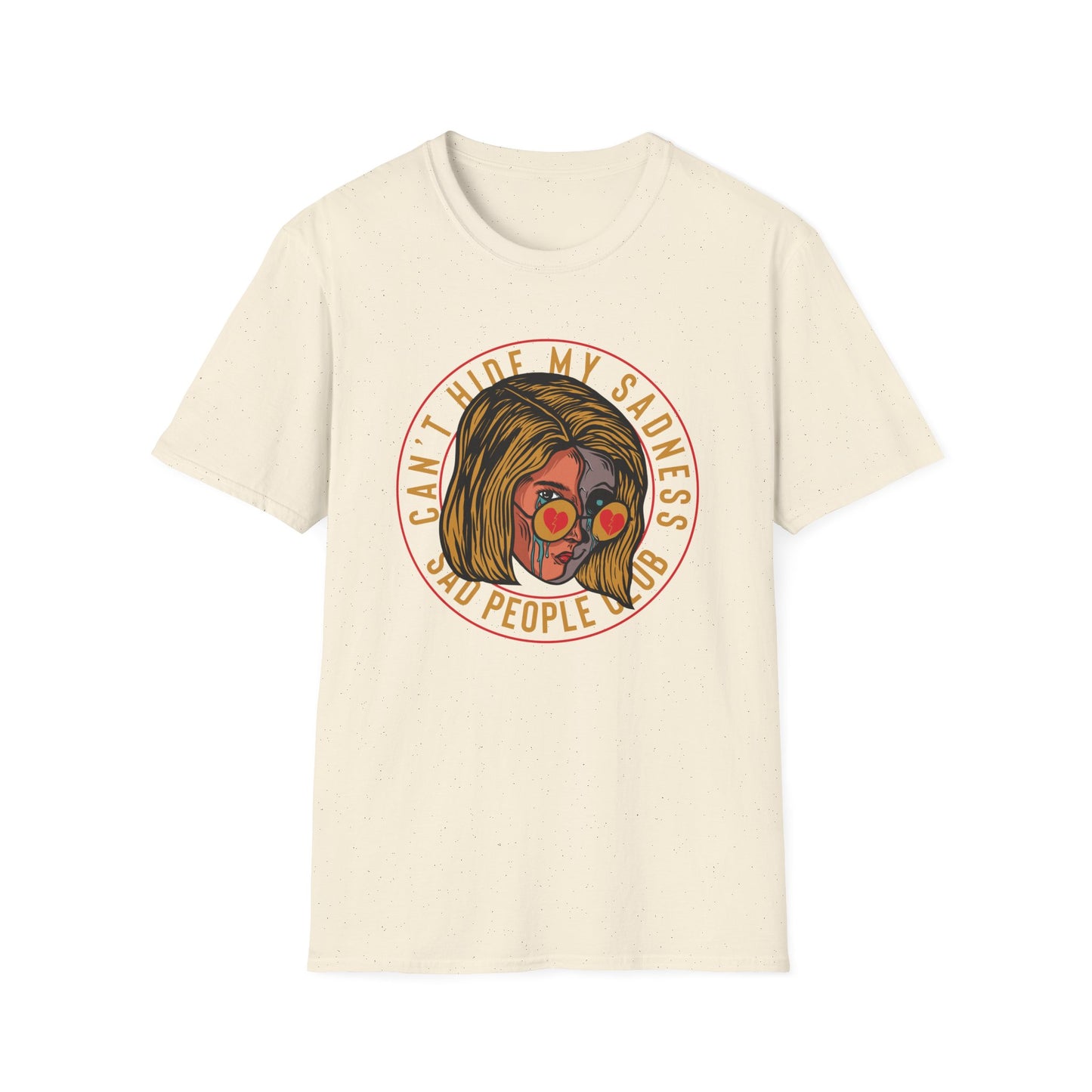 Unique 'Can't Hide My Sadness' T-Shirt - Sad People Club Emo Pop Art Tee with Crying Girl & Broken Heart Shades