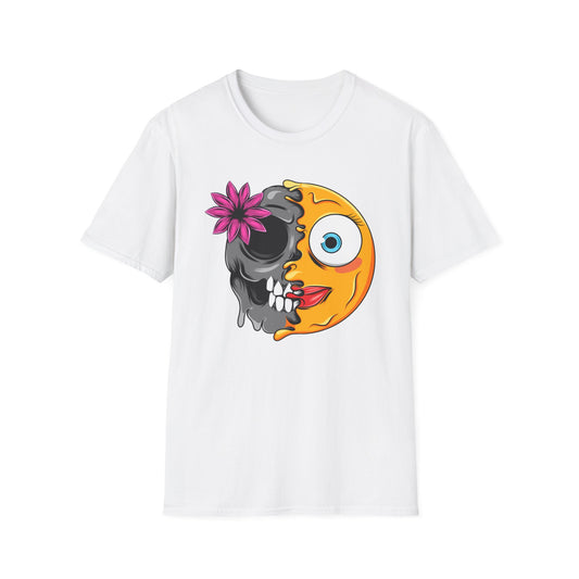 Striking Melting Emoji Skull T-Shirt – Unique Duality Graphic Tee for Edgy, Alternative & Goth Styles