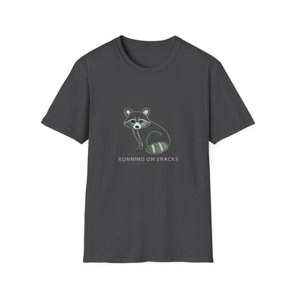 Hilarious 'Running on Snacks' Raccoon T-Shirt - Cozy Embroidered Style Animal Lover Tee, Perfect Gift!