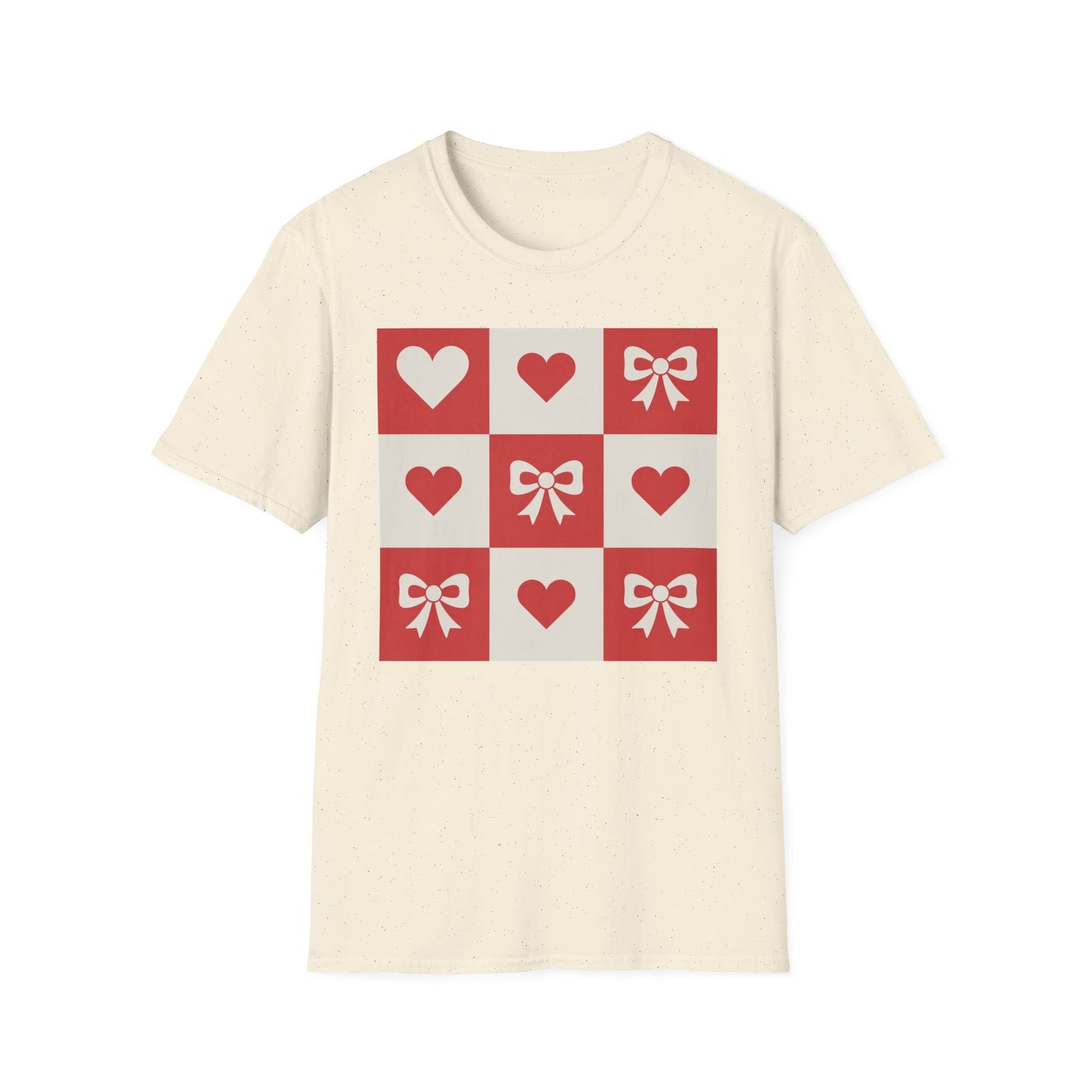 Charming Hearts & Bows Checkerboard T-Shirt | Sweet Love Pattern Tee | Perfect Valentine's Day Gift for Her