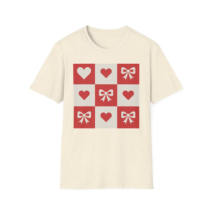 Charming Hearts & Bows Checkerboard T-Shirt | Sweet Love Pattern Tee | Perfect Valentine's Day Gift for Her