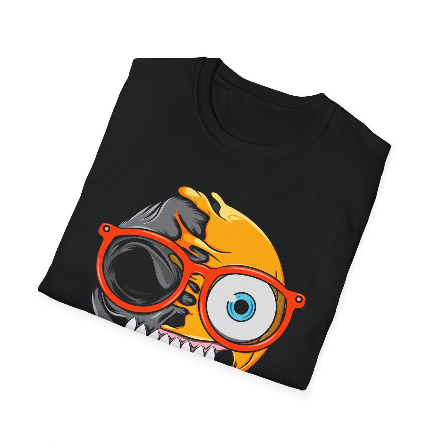 Bold Melting Emoji Skull T-Shirt | Unique Split Face Graphic Tee | Edgy Dual Personality Statement Top