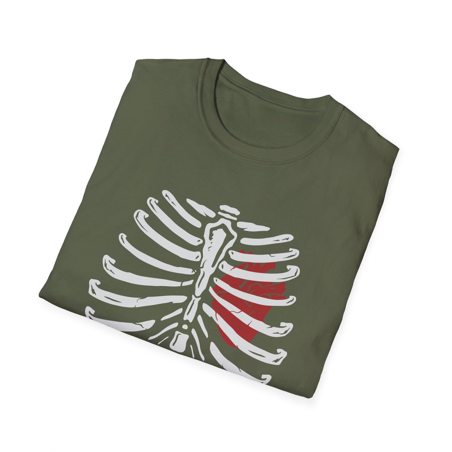 Striking "Live In Death" Skeleton Rib Cage & Red Heart T-Shirt | Unique Anatomical Goth Tee | Deep Meaning Statement Apparel