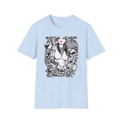 Bold Tattoo Girl & Skull Graphic T-Shirt | Edgy Urban Streetwear | Dice & Star Statement Tee - Unleash Your Rebel Style!