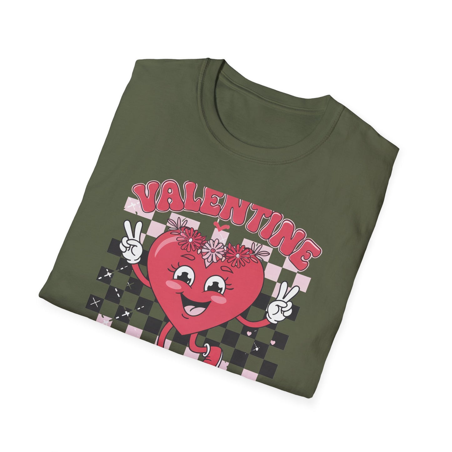 Groovy Valentine Vibes T-Shirt | Adorable Retro Heart Peace Sign Tee with Flower Crown for Valentine's Day
