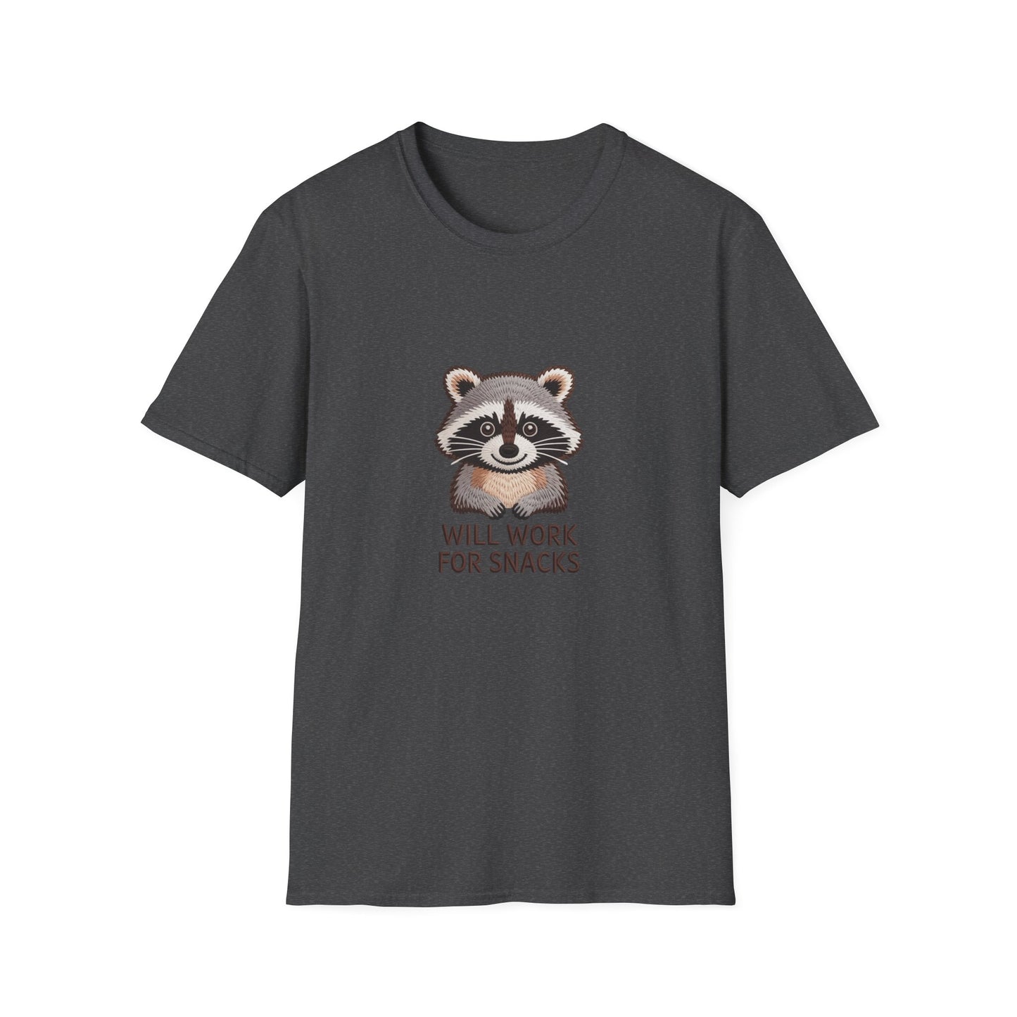 Hilarious Raccoon 'Will Work For Snacks' T-Shirt | Adorable Embroidered-Style Animal Lover Tee Gift