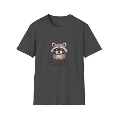 Hilarious Raccoon 'Will Work For Snacks' T-Shirt | Adorable Embroidered-Style Animal Lover Tee Gift