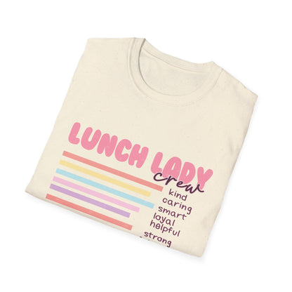 Awesome Lunch Lady Crew T-Shirt - Retro Pastel Stripes & Heartfelt Qualities - Unique School Cafeteria Staff Appreciation Tee