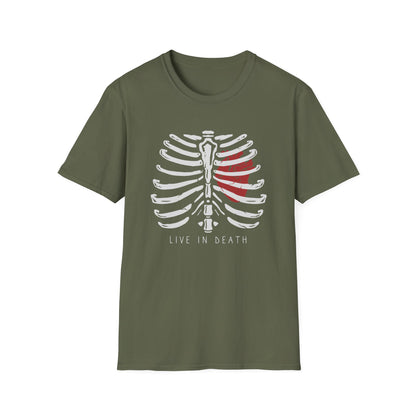 Striking "Live In Death" Skeleton Rib Cage & Red Heart T-Shirt | Unique Anatomical Goth Tee | Deep Meaning Statement Apparel