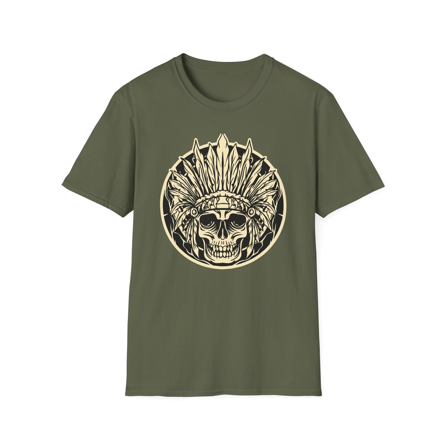 Striking Feather Headdress Skull T-Shirt | Mystic Tribal Warrior Graphic Tee | Bold Unique Apparel for Edgy Souls