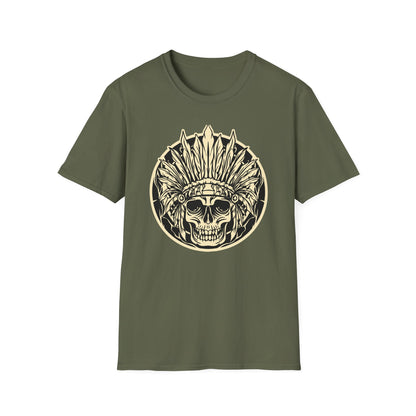 Striking Feather Headdress Skull T-Shirt | Mystic Tribal Warrior Graphic Tee | Bold Unique Apparel for Edgy Souls