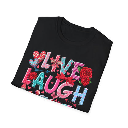 Charming Live Laugh Love T-Shirt for Women | Adorable Valentine's Day Hearts & Gnome Graphic Tee | Positive Message Gift