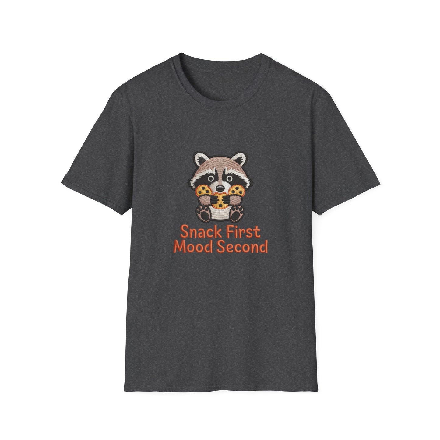Irresistible "Snack First Mood Second" Raccoon T-Shirt | Cute Foodie Comfort Tee & Funny Gift