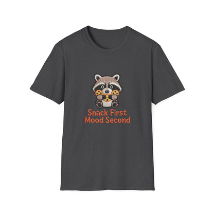 Irresistible "Snack First Mood Second" Raccoon T-Shirt | Cute Foodie Comfort Tee & Funny Gift