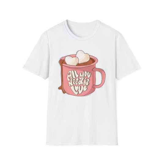 “All You Need Is Love” Hot Chocolate T-Shirt | Cozy Retro Valentine's Day Tee with Heart Marshmallows | Sweet Gift