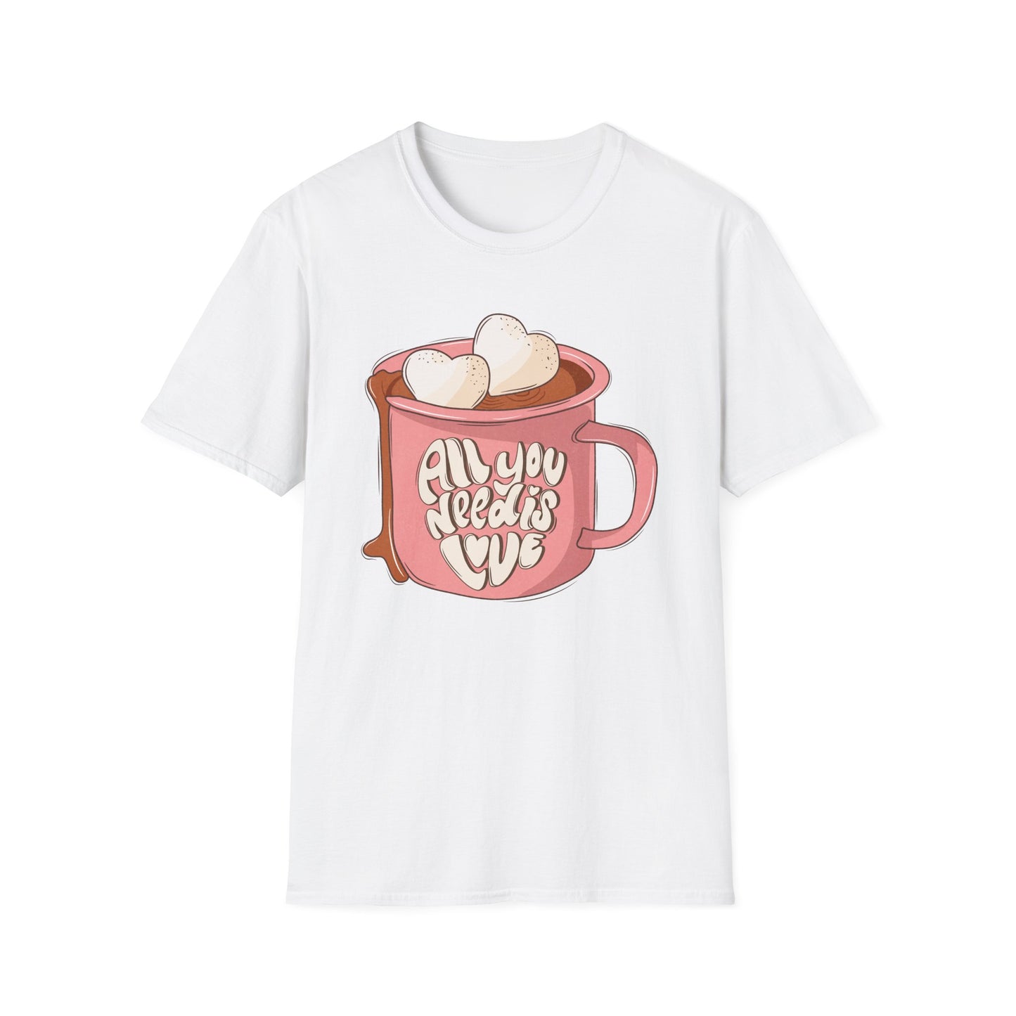 Sweet "All You Need Is Love" T-Shirt | Retro Hot Chocolate Mug with Heart Marshmallows | Adorable Valentine's Day & Cozy Love Tee